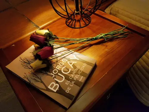 libro con rosas en mesilla de noche